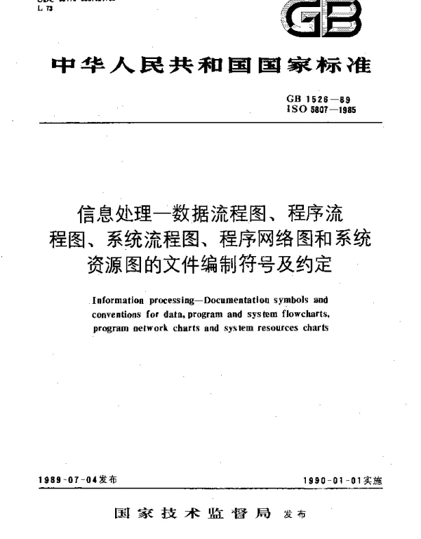GBT 1526-1989 信息处理 数据流程图、程序流程图、系统流程图、程序网络图和系统资源图的文件编制符号及约定