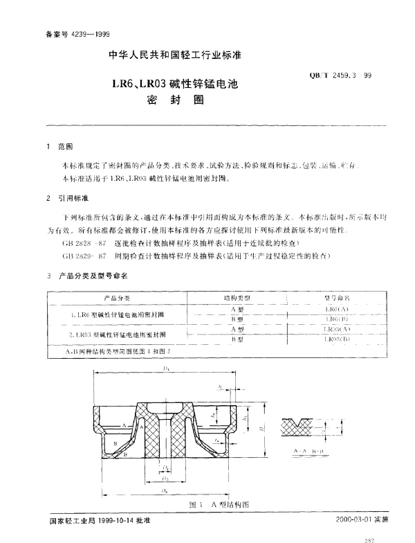 QBT 2459.3-1999 LR6、LR03碱性锌锰电池.密封圈