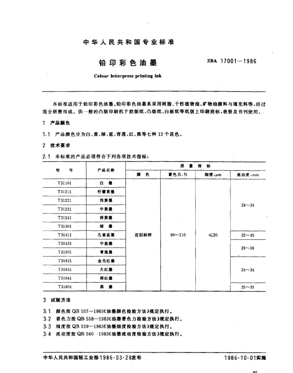 ZBA 17001-1986 铅印彩色油墨
