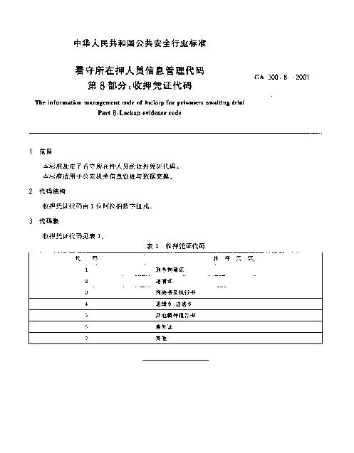 GA 300.8-2001 看守所在押人员信息管理代码.第8部分：收押凭证代码