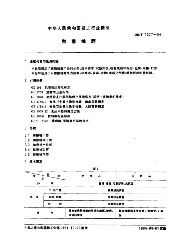 QBT 2027-1994 猕猴桃酒