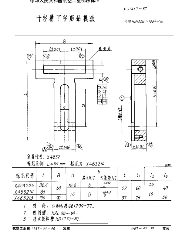 HB 1419-1987 十字槽T字形钻模板