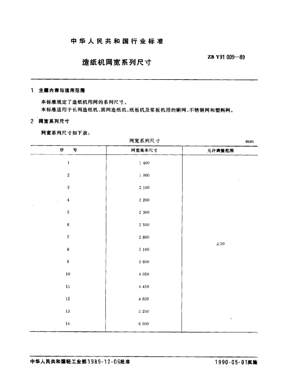 ZB Y91 009-1989 造纸机网宽系列尺寸