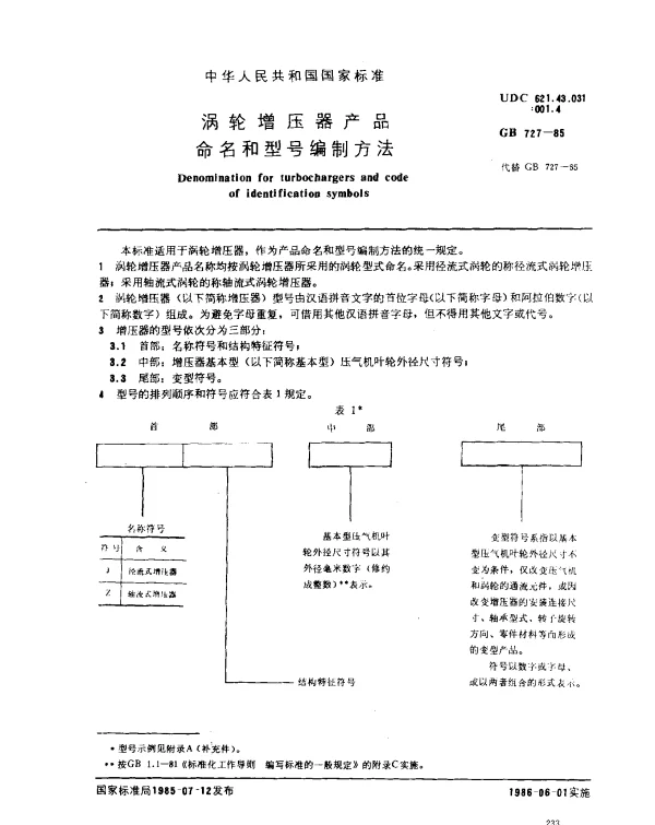 GB 727-1985 涡轮增压器产品命名和型号编制方法