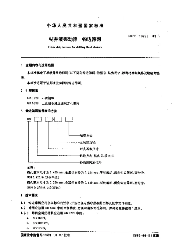 GBT 11650-1989 钻井液振动筛 钩边筛网