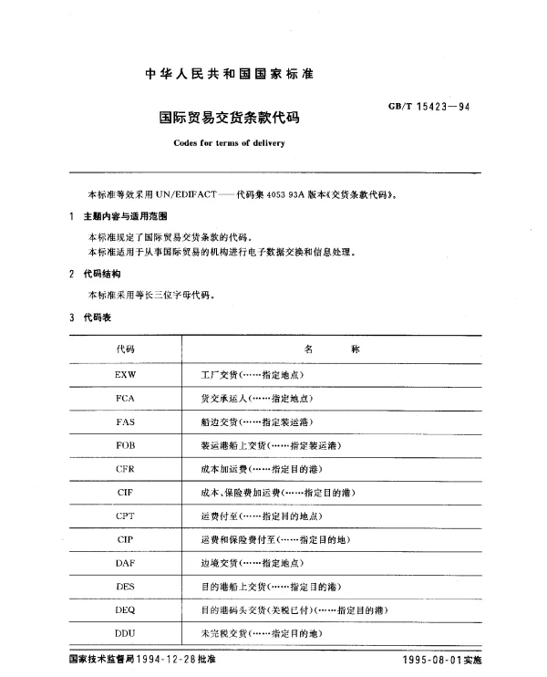 GBT 15423-1994 国际贸易交货条款代码