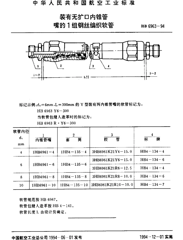 HB 6963-1994 装有无扩口内锥管嘴的1组钢丝编织软管