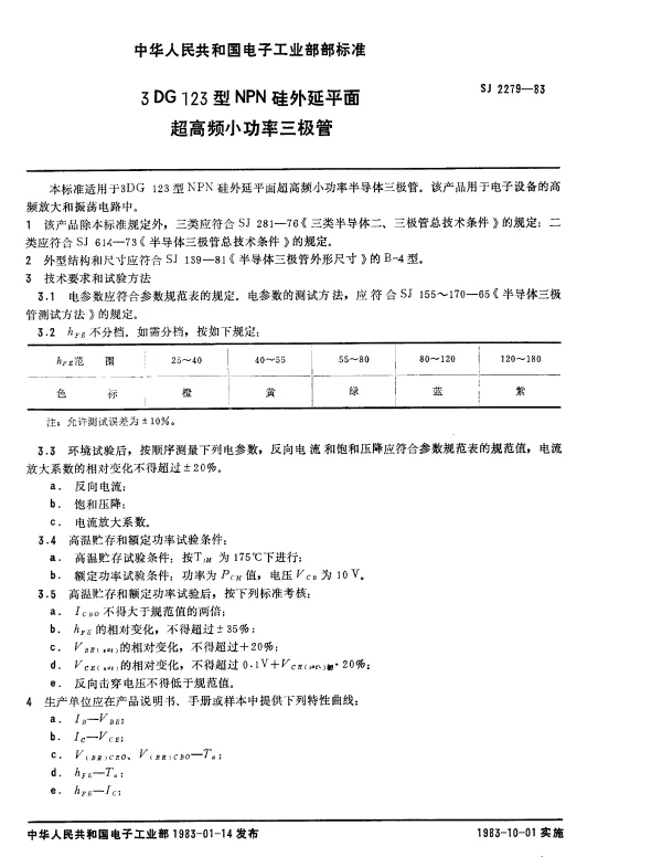 SJ 2279-1983 3DG123型NPN硅外延平面超高频小功率三极管