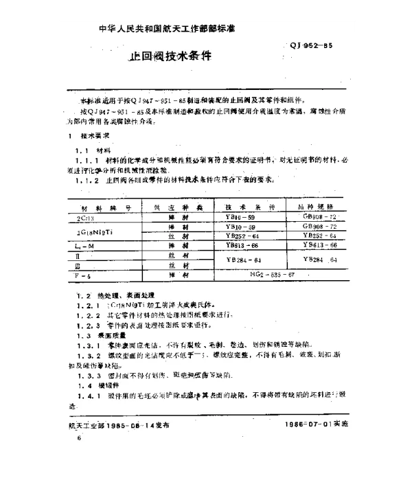 QJ 952-1985 止回阀技术条件