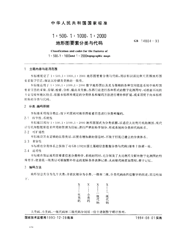 GBT 14804-1993 1：500,1：1 000,1：2 000 地形图要素分类与代码