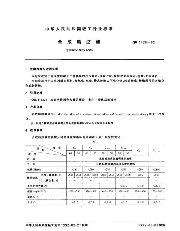 QB 1428-1992 合成脂肪酸