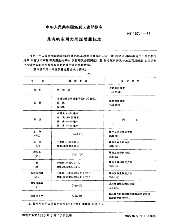 MT 107.1-1985 蒸汽机车用大同煤质量标准