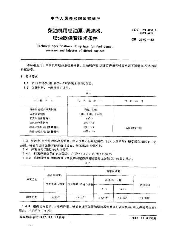 GB 2940-1982 柴油机用喷油泵、调速器、喷油器弹簧技术条件