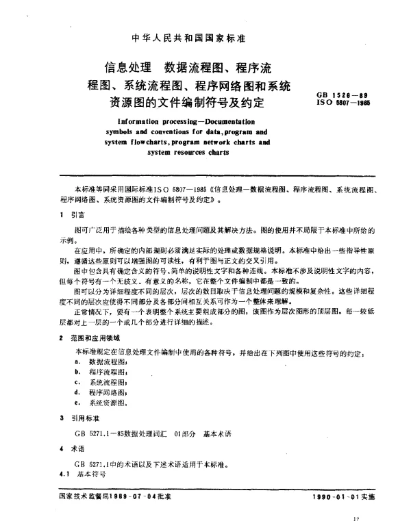 GB 1526-1989 信息处理 数据流程图、程序流程图、系统流程图、程序网络图和系统资源图的文件编制符号及约定