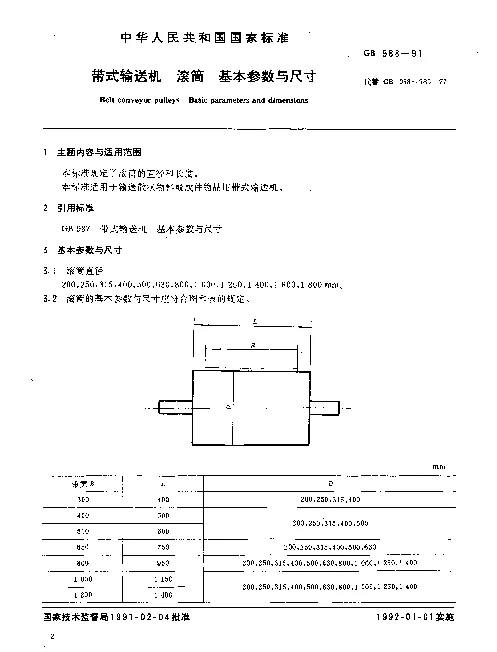 GB 988-1991 带式输送机 滚筒 基本参数与尺寸