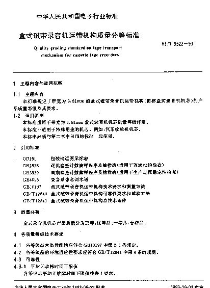 SJT 9522-1993 盒式磁带录音机运带机构质量分等标准