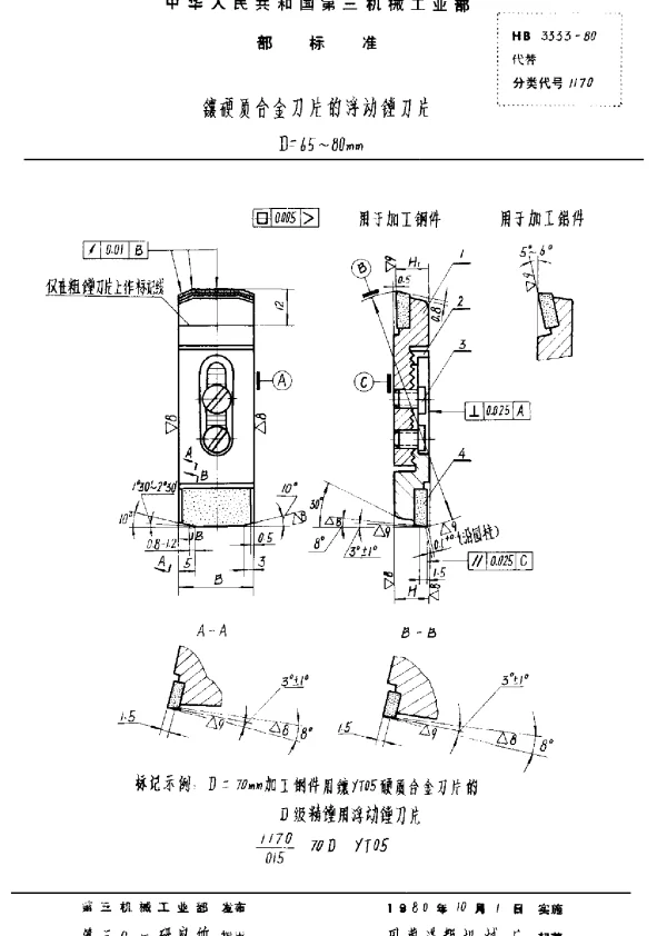HB 3333-1980 镶硬质合金刀片的浮动镗刀片 D=65~80mm