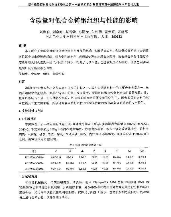 含碳量对低合金铸钢组织与性能的影响