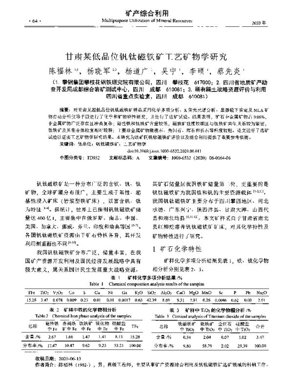 甘肃某低品位钒钛磁铁矿工艺矿物学研究