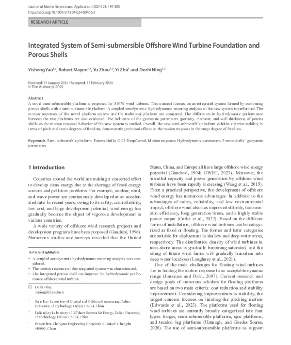 Integrated System of Semi-submersible Offshore Wind Turbine Foundation and Porous Shells