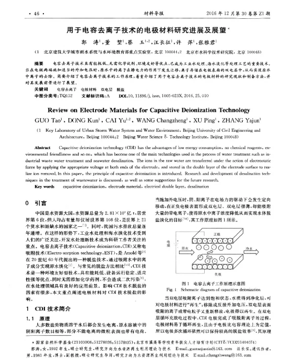 用于电容去离子技术的电极材料研究进展及展望