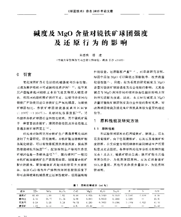 碱度及MgO含量对镜铁矿球团强度及还原行为的影响