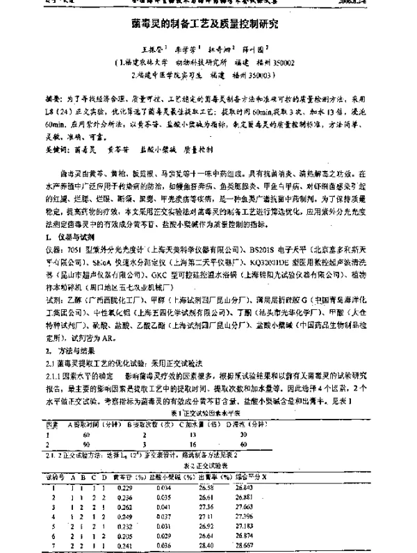 菌毒灵的制备工艺及质量控制研究