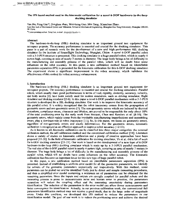 TheIPSbasedmethodusedinthekinematiccalibrationforanovel6-DOFhardware-in-the-loopdockingsimulator