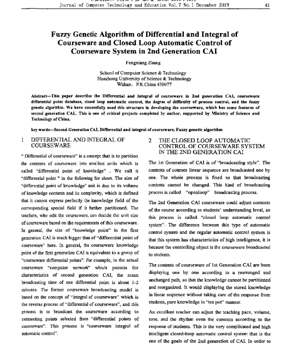 FuzzyGeneticAlgorithmofDifferentialandIntegralofCoursewareandClosedLoopAutomaticControlofCoursewareSystemin2ndGenerationCAI
