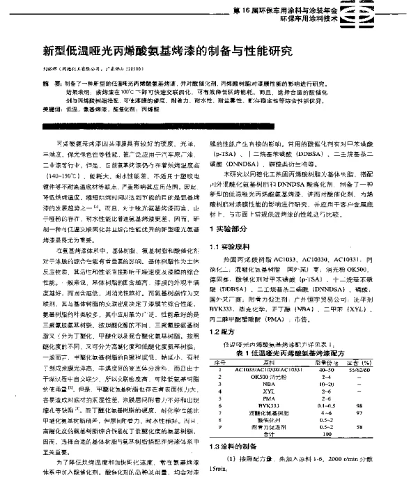 新型低温哑光丙烯酸氨基烤漆的制备与性能研究