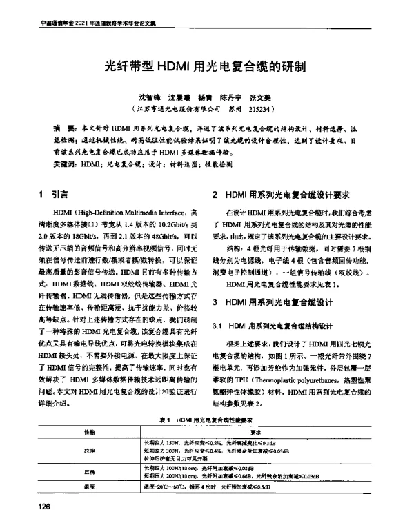 光纤带型HDMI用光电复合缆的研制