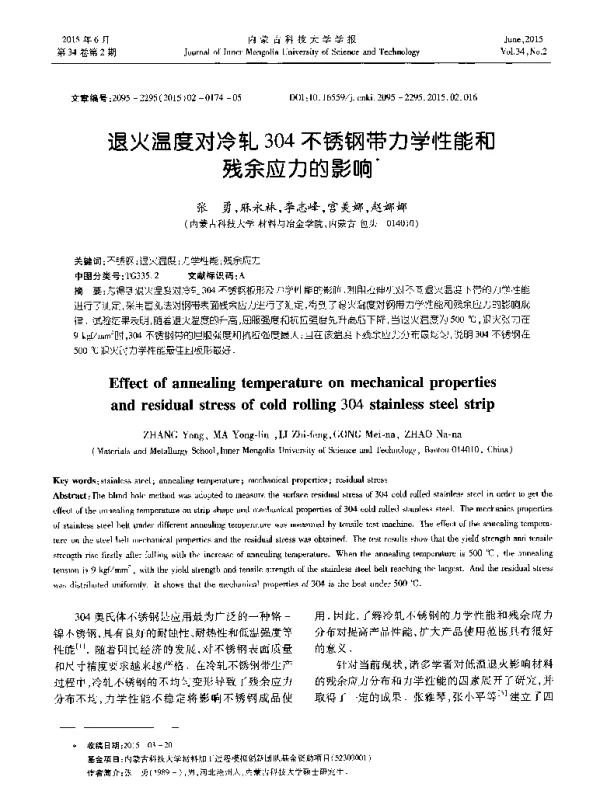 退火温度对冷轧304不锈钢带力学性能和残余应力的影响