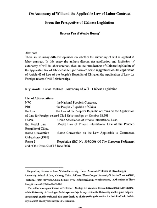 OnAutonomyofWillandtheApplicableLawofLaborContractFromthePerspectiveofChineseLegislation
