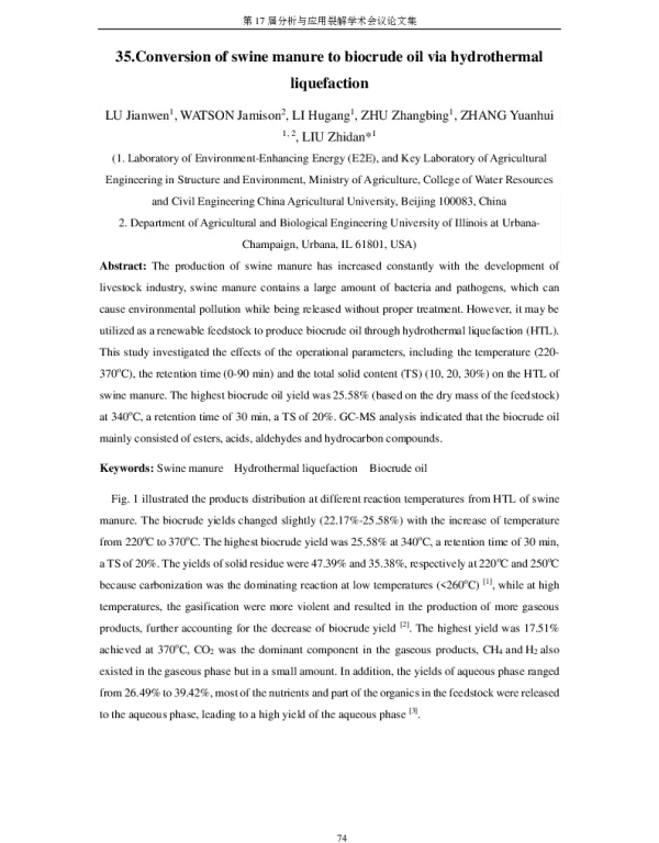 Conversionofswinemanuretobiocrudeoilviahydrothermalliquefaction