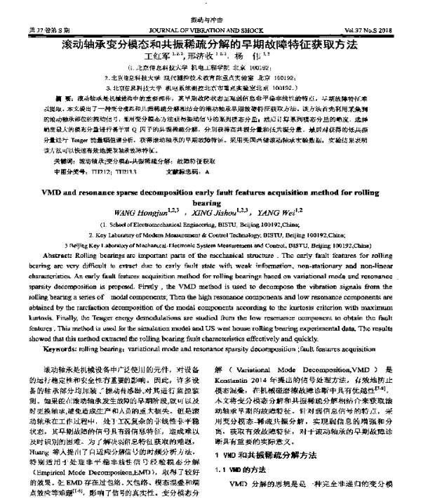 滚动轴承变分模态和共振稀疏分解的早期故障特征获取方法