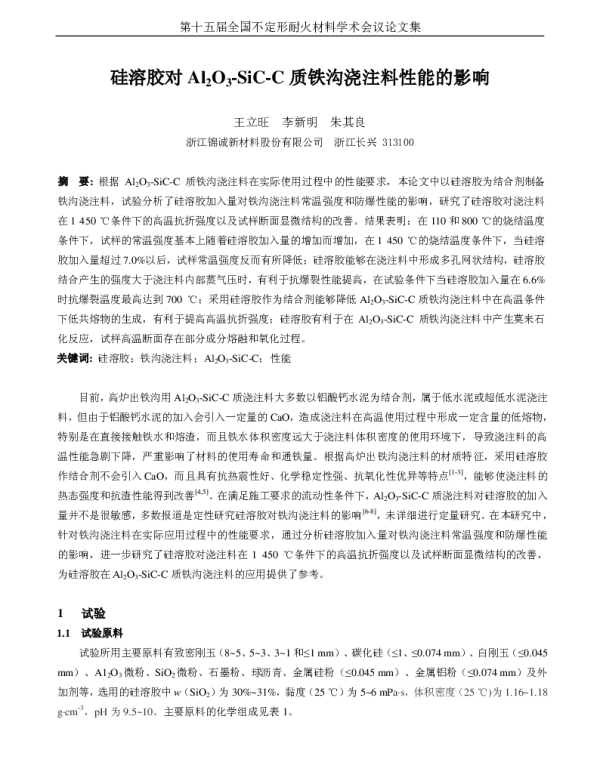 硅溶胶对Al2O3-SiC-C质铁沟浇注料性能的影响