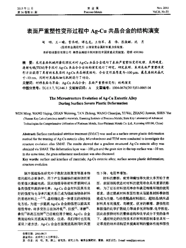 表面严重塑性变形过程中Ag-Cu共晶合金的结构演变