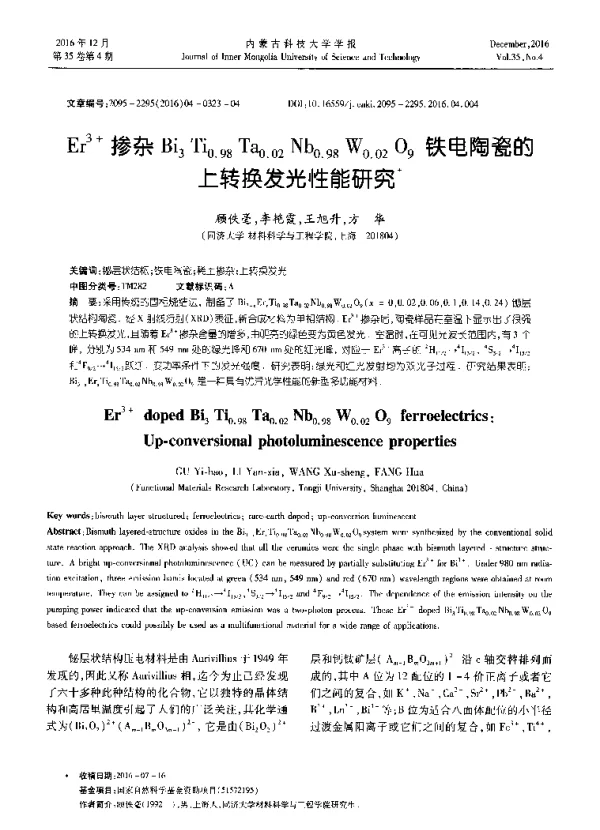 Er3+掺杂Bi3Ti0.98Ta0.02Nb0.98W0.02O9铁电陶瓷的上转换发光性能研究
