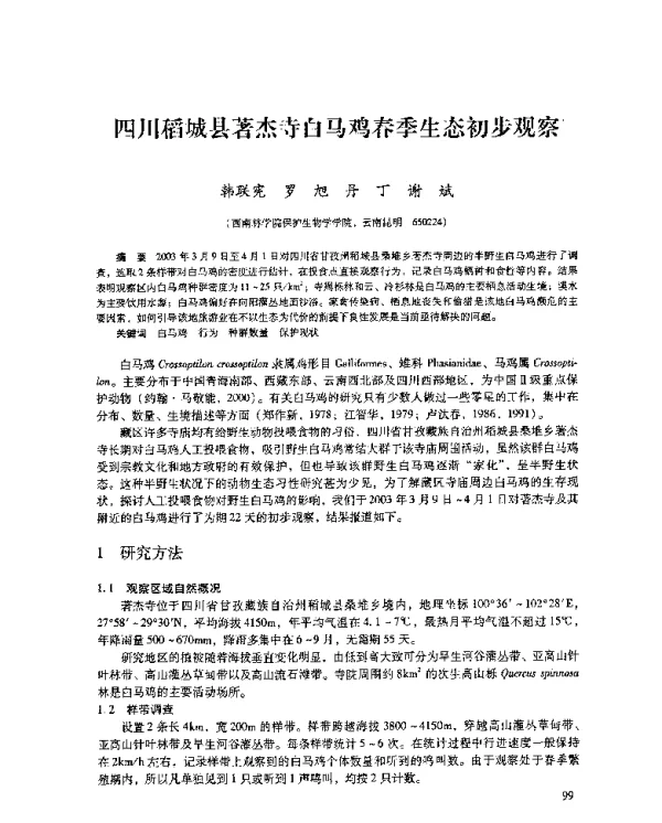 四川稻城县著杰寺白马鸡春季生态初步观察