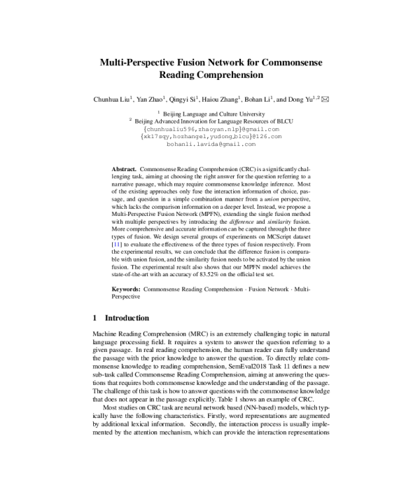 Multi-PerspectiveFusionNetworkforCommonsenseReadingComprehension