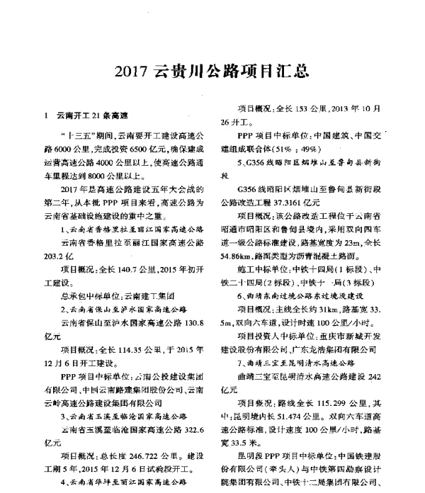 2017云贵川公路项目汇总