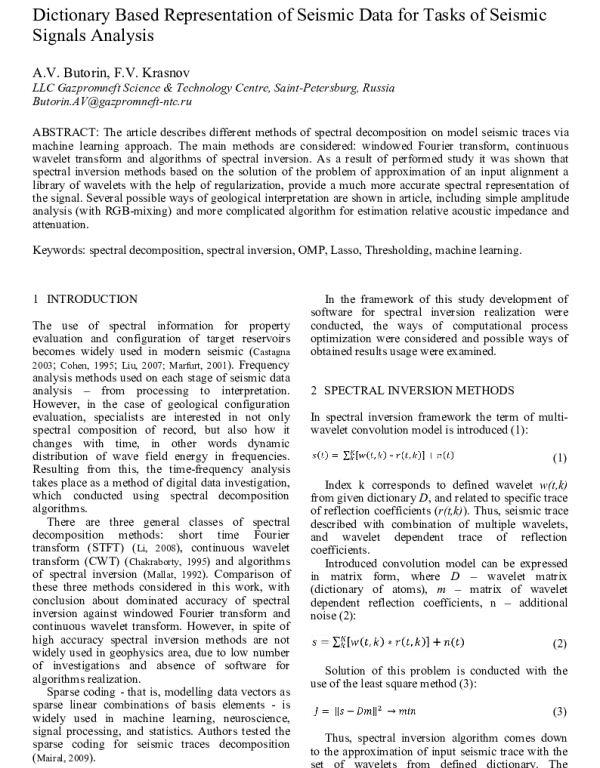 DictionaryBasedRepresentationofSeismicDataforTasksofSeismicSignalsAnalysis
