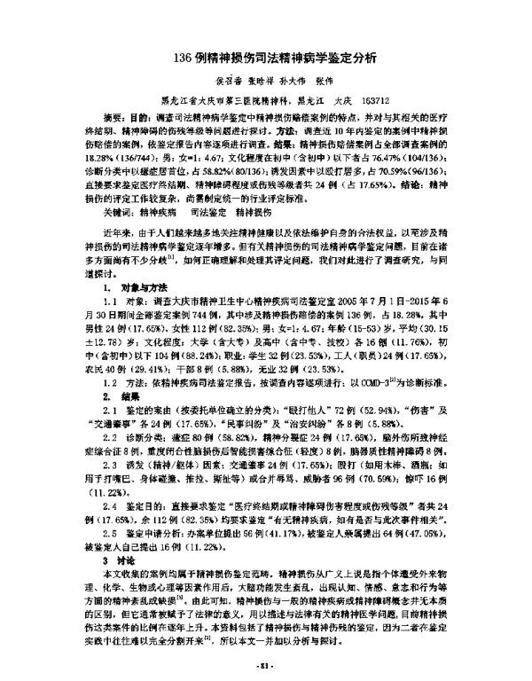 136例精神损伤司法精神病学鉴定分析