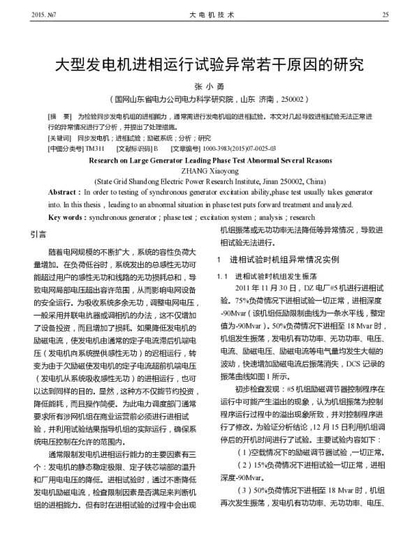大型发电机进相运行试验异常若干原因的研究