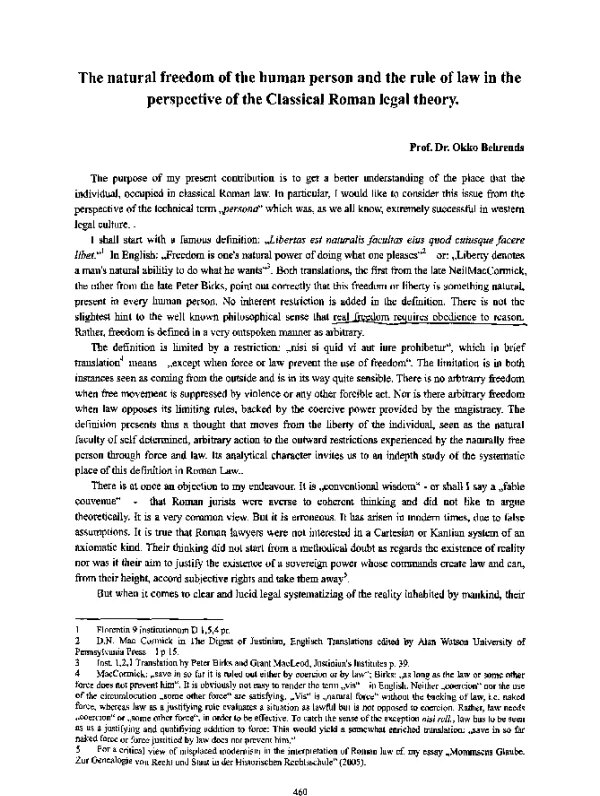 ThenaturalfreedomofthehumanpersonandtheruleoflawintheperspectiveoftheClassicalRomanlegaltheory