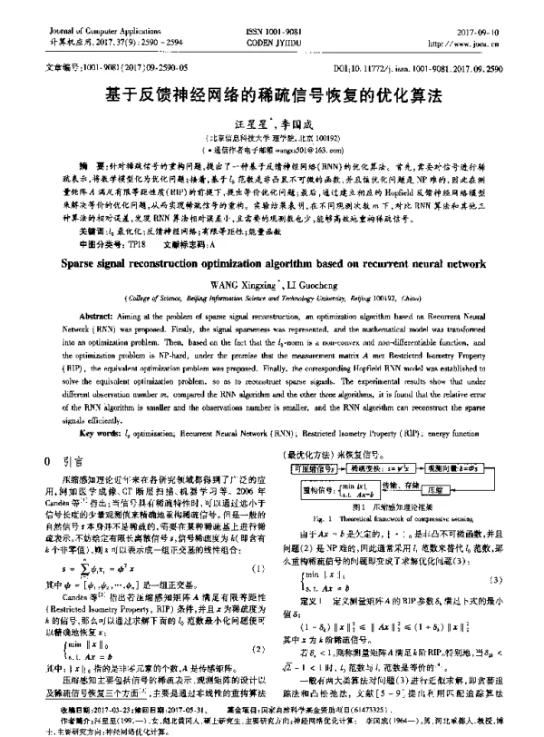 基于反馈神经网络的稀疏信号恢复的优化算法