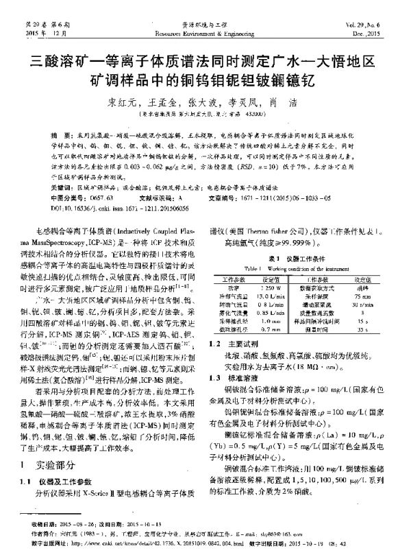 三酸溶矿-等离子体质谱法同时测定广水-大悟地区矿调样品中的铜钨钼铌钽铍镧镱钇