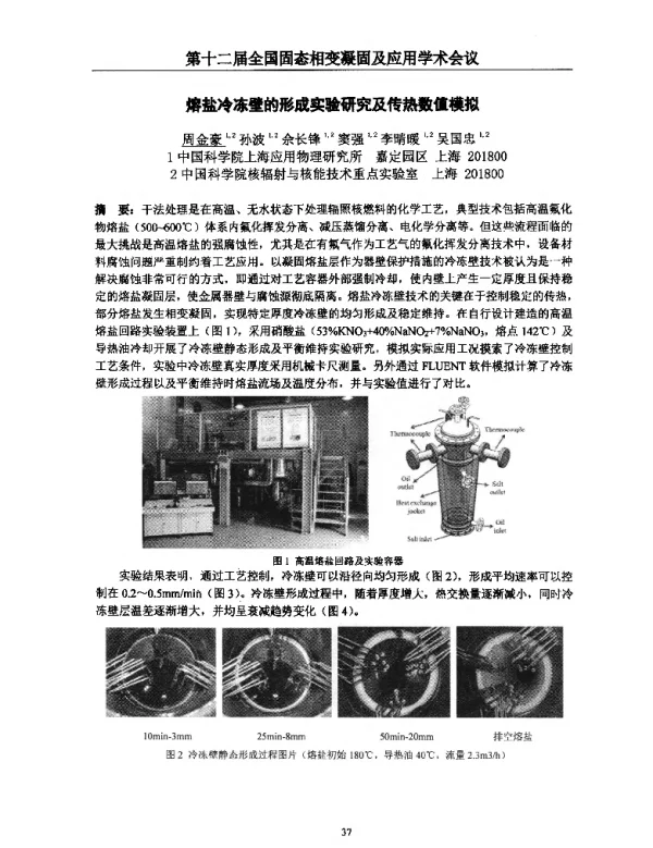 熔盐冷冻壁的形成实验研究及传热数值模拟