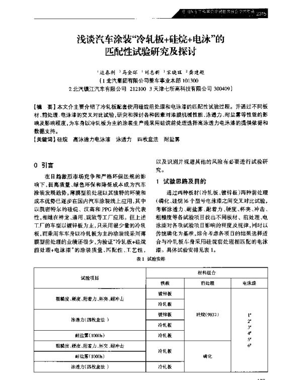 浅谈汽车涂装冷轧板+硅烷+电泳的匹配性试验研究及探讨