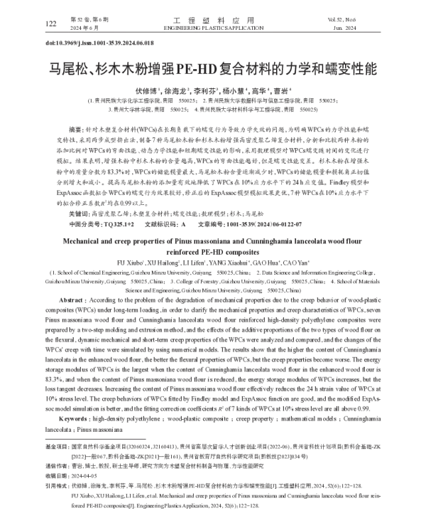 马尾松、杉木木粉增强PE-HD复合材料的力学和蠕变性能